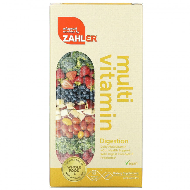 Zahler, Пищеварение, Ежедневные мультивитамины + поддержка здоровья кишечника с комплексом переваривания и пробиотиками, 60 капсул Zahler, Пищеварение, Ежедневные мультивитамины + поддержка здоровья кишечника с комплексом переваривания и пробиотиками, 60 капсул