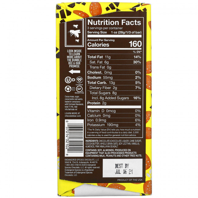 Endangered Species Chocolate, Овсяное молоко, морская соль, миндаль и темный шоколад, 55% какао, 85 г (3 унции)