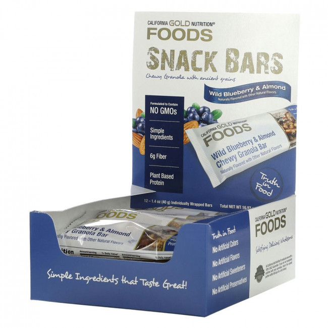California Gold Nutrition, Foods, жевательные батончики-мюсли с дикой голубикой и миндалем, 12 шт. по 40 г (1,4 унции) California Gold Nutrition, Foods, жевательные батончики-мюсли с дикой голубикой и миндалем, 12 шт. по 40 г (1,4 унции)