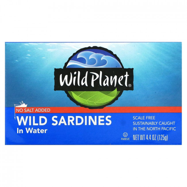 Wild Planet, Сардины, выловленные в диких условиях, в воде, Без добавления соли, 4,4 унц. (125 г) Wild Planet, Сардины, выловленные в диких условиях, в воде, Без добавления соли, 4,4 унц. (125 г)