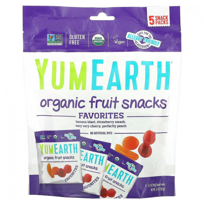 YumEarth, Органические фруктовые снеки, 5 упаковок, вес каждой 19,8 г (0,7 унции) YumEarth, Органические фруктовые снеки, 5 упаковок, вес каждой 19,8 г (0,7 унции)