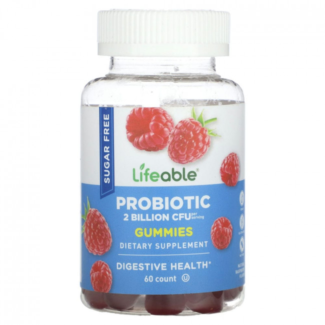 Lifeable, Probiotic Gummies, Sugar Free, Natural Raspberry, 2 Billion, 60 Gummies (1 Billion CFU per Gummy)