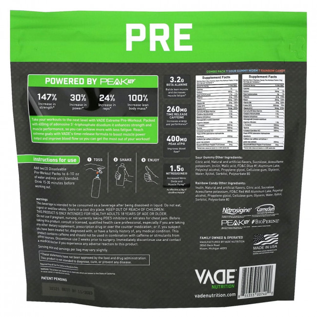 Vade Nutrition, Dissolvable Pre-Workout Packs, Sour Gummy & Rainbow Candy, 0.44 lb (198 g)
