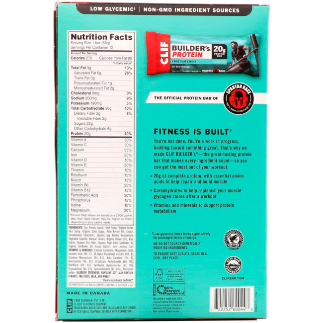 Clif Bar, Протеиновый батончик Builder's с шоколадом и мятой, 12 батончиков, весом 68 г (2,40 унции) каждый Clif Bar, Протеиновый батончик Builder's с шоколадом и мятой, 12 батончиков, весом 68 г (2,40 унции) каждый