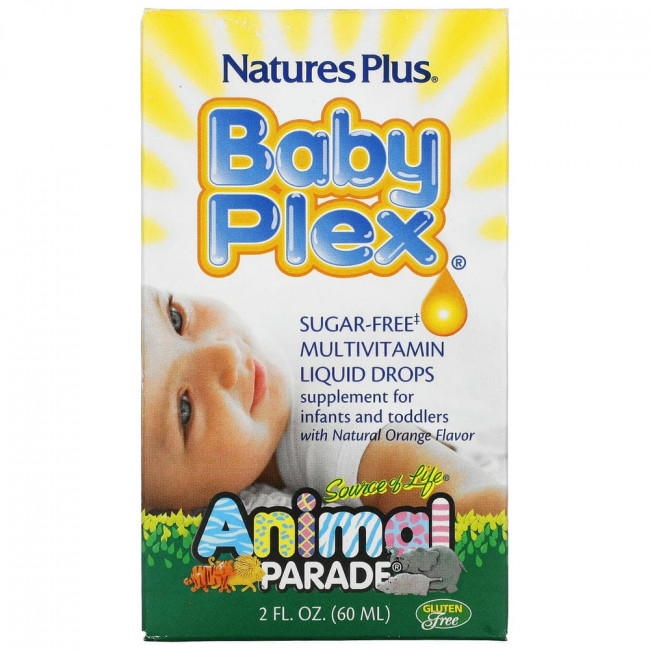 NaturesPlus, Source of Life, Animal Parade, Baby Plex, жидкие мультивитаминные капли без сахара, с натуральным вкусом апельсина, 2 жидкие унции (60 мл) NaturesPlus, Source of Life, Animal Parade, Baby Plex, жидкие мультивитаминные капли без сахара, с натуральным вкусом апельсина, 2 жидкие унции (60 мл)