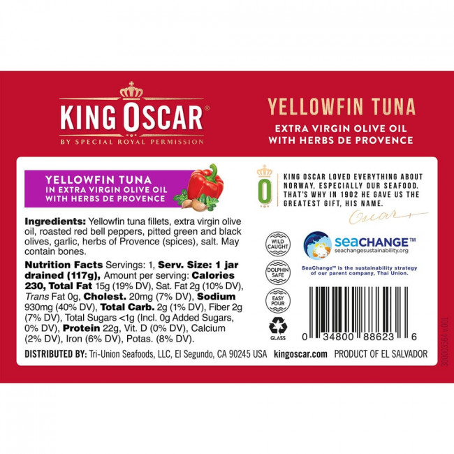 King Oscar, Желтоперый тунец, оливковое масло холодного отжима, прованские травы, 190 г (6,7 унции) King Oscar, Желтоперый тунец, оливковое масло холодного отжима, прованские травы, 190 г (6,7 унции)