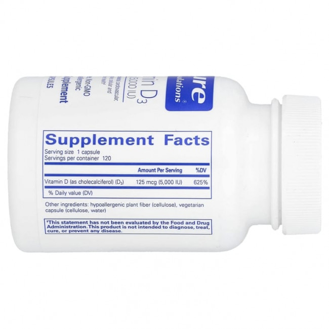 Pure Encapsulations, витамин D3, 125 мкг (5000 МЕ), 120 капсул Pure Encapsulations, витамин D3, 125 мкг (5000 МЕ), 120 капсул