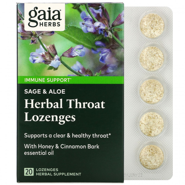 Gaia Herbs, травяные пастилки для горла, шалфей и алоэ, 20 пастилок Gaia Herbs, травяные пастилки для горла, шалфей и алоэ, 20 пастилок