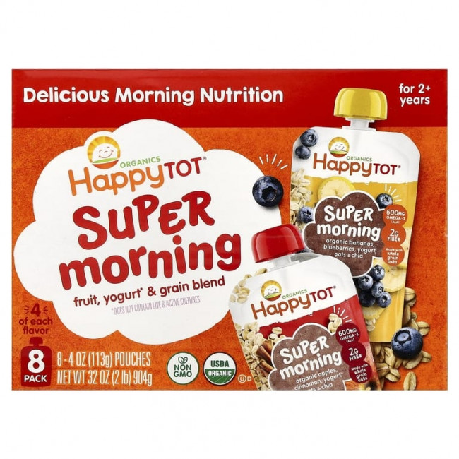 Happy Family Organics, Happy Tot®, Super Morning, смесь фруктов, йогурта и злаков, для детей от 2 лет, ассорти вкусов, 8 упаковок по 113 г (4 унции) Happy Family Organics, Happy Tot®, Super Morning, смесь фруктов, йогурта и злаков, для детей от 2 лет, ассорти вкусов, 8 упаковок по 113 г (4 унции)