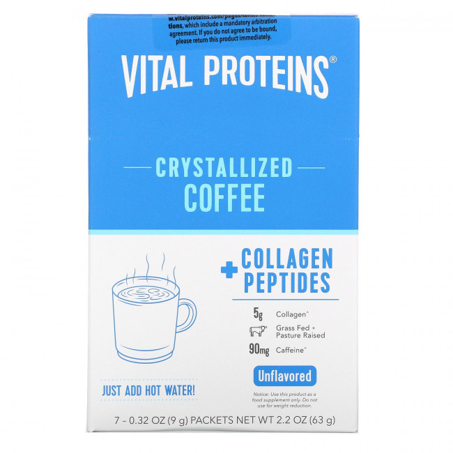 Vital Proteins, Кристаллизованный кофе с пептидами коллагена, без добавок, 7 пакетиков по 9 г (0,32 унции) Vital Proteins, Кристаллизованный кофе с пептидами коллагена, без добавок, 7 пакетиков по 9 г (0,32 унции)