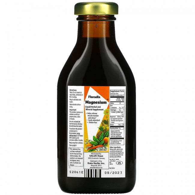 Gaia Herbs, Floradix, магний, жидкая добавка из трав и минералов, 250 мл (8,5 жидк. Унции)