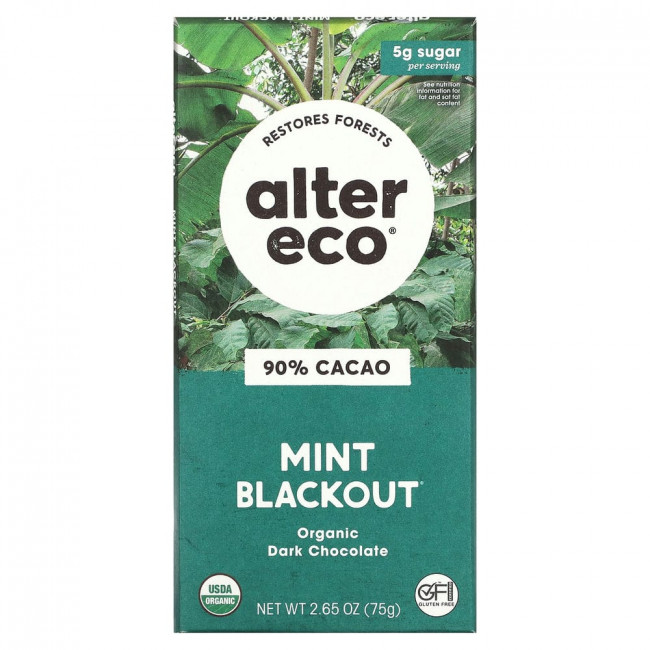 Alter Eco, Organic Dark Chocolate Bar, Mint Blackout, 90% Cacao, 2.65 oz (75 g)
