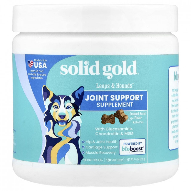Solid Gold, Leaps & Hounds™, добавка для поддержки суставов, для собак, копченый бекон, 120 мягких жевательных таблеток, 7,6 унции (216 г) Solid Gold, Leaps & Hounds™, добавка для поддержки суставов, для собак, копченый бекон, 120 мягких жевательных таблеток, 7,6 унции (216 г)