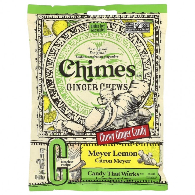 Chimes, жевательные таблетки с имбирем, со вкусом лимона Мейера, 141,8 г (5 унций) Chimes, жевательные таблетки с имбирем, со вкусом лимона Мейера, 141,8 г (5 унций)