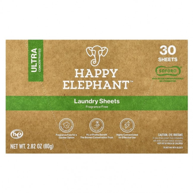 Happy Elephant, Белье для стирки, без отдушек, 30 листов, 80 г (2,82 унции) Happy Elephant, Белье для стирки, без отдушек, 30 листов, 80 г (2,82 унции)