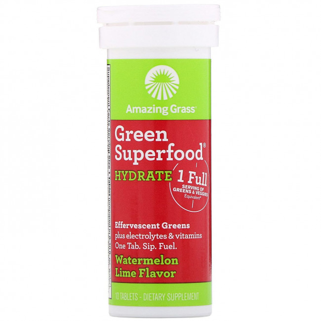 Amazing Grass, Green Superfood, шипучий напиток из зелени для поддержания водного баланса, со вкусом арбуза и лайма, 10 таблеток Amazing Grass, Green Superfood, шипучий напиток из зелени для поддержания водного баланса, со вкусом арбуза и лайма, 10 таблеток