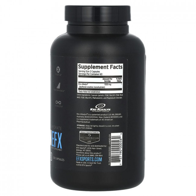 EFX Sports, Kre-Alkalyn EFX, креатин, 120 капсул