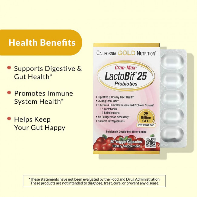 California Gold Nutrition, Lactobif, Cran-Max, пробиотики, 25 млрд КОЕ, 30 растительных капсул California Gold Nutrition, Lactobif, Cran-Max, пробиотики, 25 млрд КОЕ, 30 растительных капсул