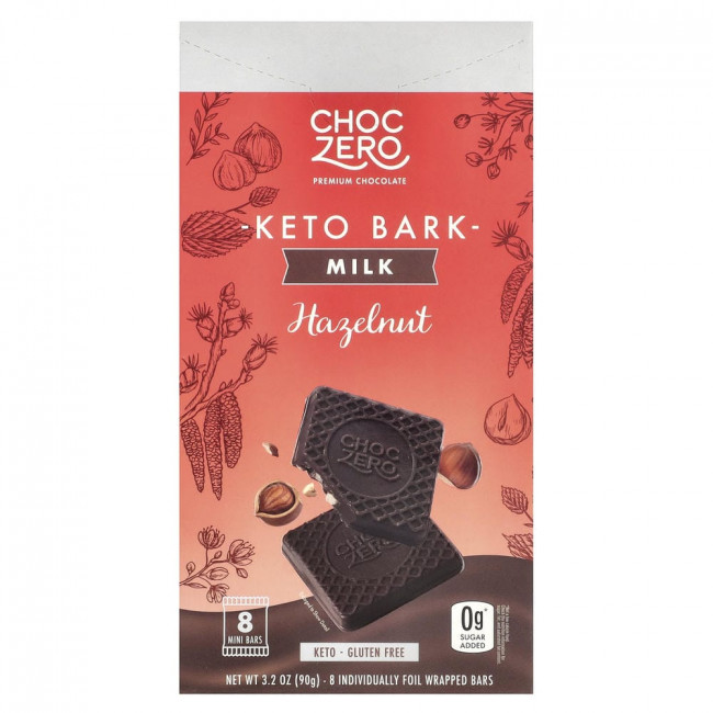 ChocZero, кето-батончик, молочный шоколад, фундук, 8 мини-батончиков, 90 г (снят с производства) (товар снят с производства)