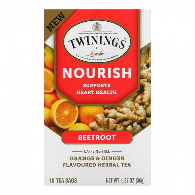 Twinings, Nourish Herbal Tea, свекла, апельсин и имбирь, без кофеина, 18 чайных пакетиков, 36 г (1,27 унции) Twinings, Nourish Herbal Tea, свекла, апельсин и имбирь, без кофеина, 18 чайных пакетиков, 36 г (1,27 унции)