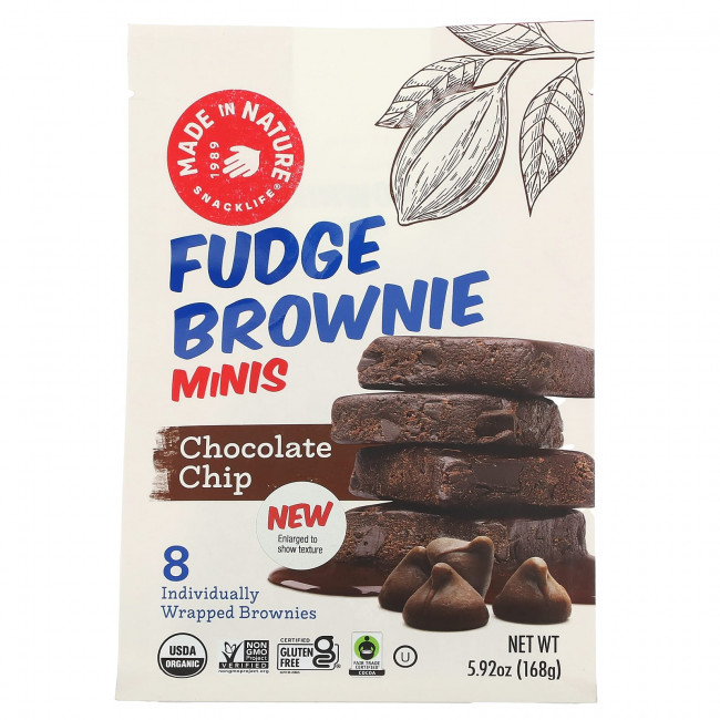 Made in Nature, Fudge Brownie Minis, шоколадная крошка, 8 пирожных, 168 г (5,92 унции) Made in Nature, Fudge Brownie Minis, шоколадная крошка, 8 пирожных, 168 г (5,92 унции)