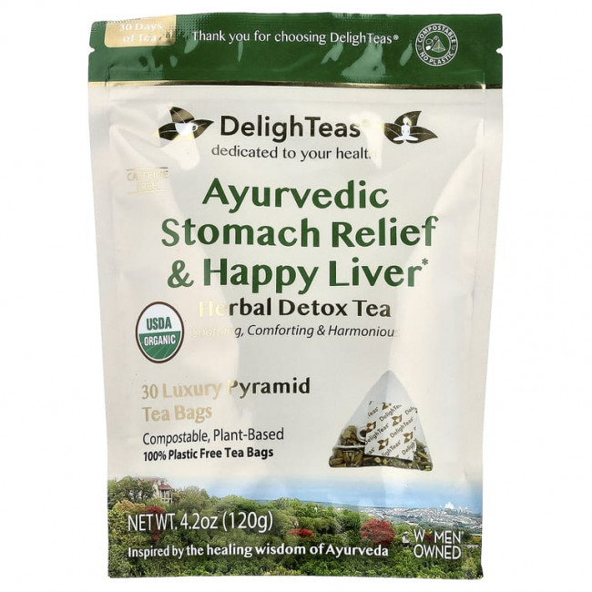 DelighTeas, Ayurvedic Stomach Relief & Happy Liver, травяной чай для выведения токсинов, без кофеина, 30 роскошных чайных пакетиков Pyramid, 120 г (4,2 унции) DelighTeas, Ayurvedic Stomach Relief & Happy Liver, травяной чай для выведения токсинов, без кофеина, 30 роскошных чайных пакетиков Pyramid, 120 г (4,2 унции)