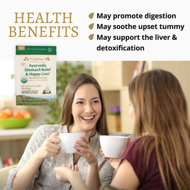 DelighTeas, Ayurvedic Stomach Relief & Happy Liver, травяной чай для выведения токсинов, без кофеина, 30 роскошных чайных пакетиков Pyramid, 120 г (4,2 унции) DelighTeas, Ayurvedic Stomach Relief & Happy Liver, травяной чай для выведения токсинов, без кофеина, 30 роскошных чайных пакетиков Pyramid, 120 г (4,2 унции)