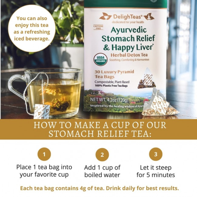 DelighTeas, Ayurvedic Stomach Relief & Happy Liver, травяной чай для выведения токсинов, без кофеина, 30 роскошных чайных пакетиков Pyramid, 120 г (4,2 унции) DelighTeas, Ayurvedic Stomach Relief & Happy Liver, травяной чай для выведения токсинов, без кофеина, 30 роскошных чайных пакетиков Pyramid, 120 г (4,2 унции)