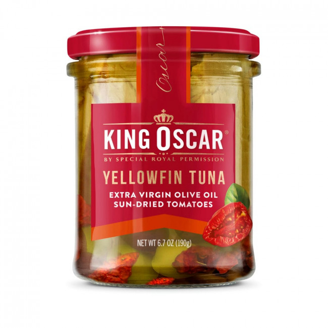 King Oscar, Желтоперый тунец, вяленые на солнце томаты с оливковым маслом холодного отжима, 190 г (6,7 унции) King Oscar, Желтоперый тунец, вяленые на солнце томаты с оливковым маслом холодного отжима, 190 г (6,7 унции)