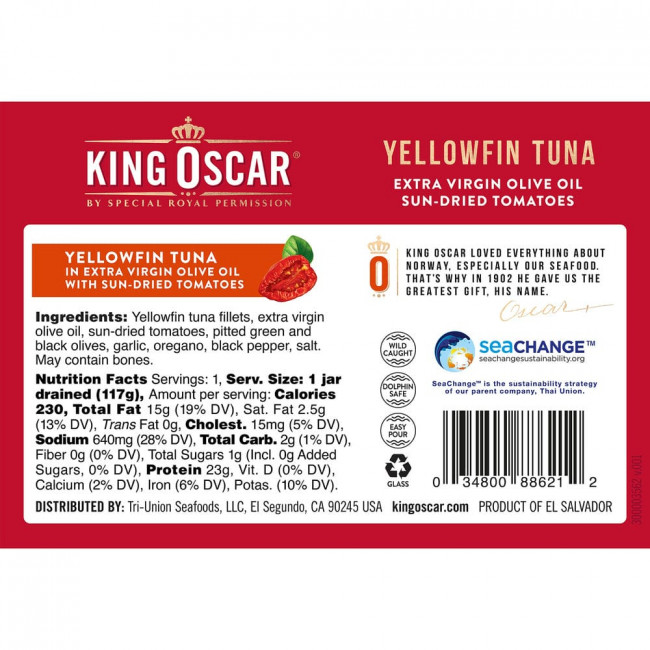 King Oscar, Желтоперый тунец, вяленые на солнце томаты с оливковым маслом холодного отжима, 190 г (6,7 унции) King Oscar, Желтоперый тунец, вяленые на солнце томаты с оливковым маслом холодного отжима, 190 г (6,7 унции)