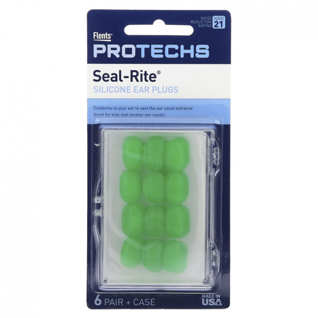 Ezy Dose, Pro-Techs, Seal-Rite, Silicone Ear Plugs, Green, 6 Pair & Case