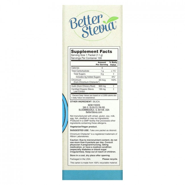 NOW Foods, Better Stevia, Balance, с хромом и инулином, 100 пакетиков по 1,1 г NOW Foods, Better Stevia, Balance, с хромом и инулином, 100 пакетиков по 1,1 г