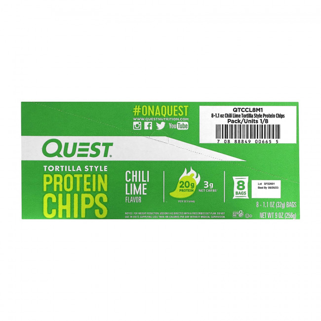 Quest Nutrition, Протеиновые чипсы по типу тортилья, чили и лайм, 8 пакетиков по 32 г (1,1 унции) Quest Nutrition, Протеиновые чипсы по типу тортилья, чили и лайм, 8 пакетиков по 32 г (1,1 унции)