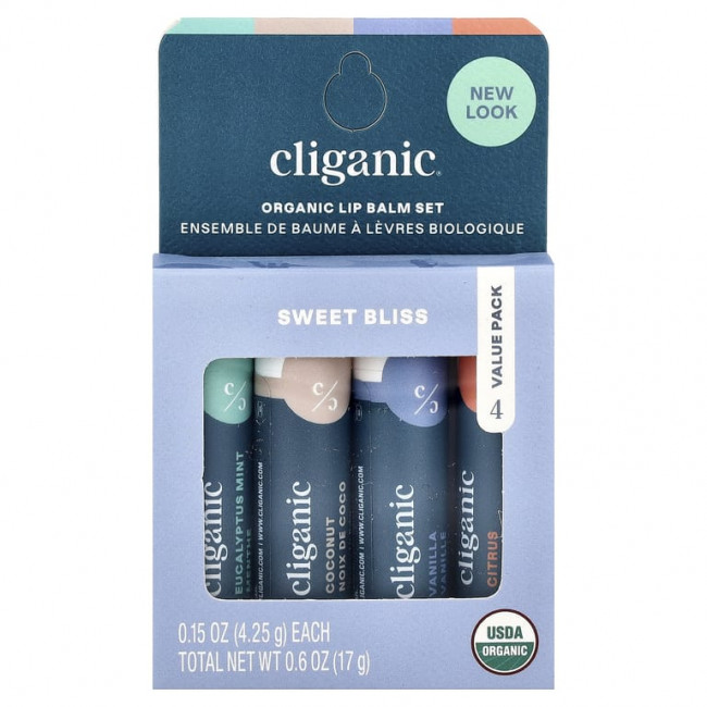 Cliganic, Набор органических бальзамов для губ, Sweet Bliss, 4 шт. В упаковке, по 4,25 г (0,15 унции) Cliganic, Набор органических бальзамов для губ, Sweet Bliss, 4 шт. В упаковке, по 4,25 г (0,15 унции)