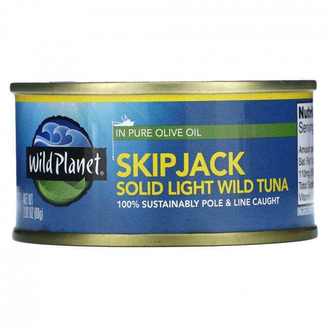 Wild Planet, SkipJack, солидный светлый дикий тунец в чистом оливковом масле, 80 г (2,82 унции) Wild Planet, SkipJack, солидный светлый дикий тунец в чистом оливковом масле, 80 г (2,82 унции)
