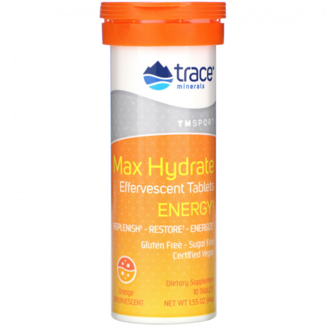 Trace Minerals ®, Max Hydrate Energy, шипучие таблетки, апельсин, 44 г (1,55 унции) Trace Minerals ®, Max Hydrate Energy, шипучие таблетки, апельсин, 44 г (1,55 унции)