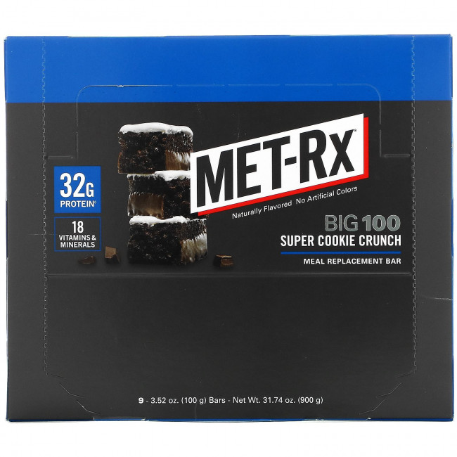 MET-Rx, Big 100, батончик вместо еды, со вкусом хрустящего печенья, 9 батончиков, весом 100 г (3,52 унции) каждый MET-Rx, Big 100, батончик вместо еды, со вкусом хрустящего печенья, 9 батончиков, весом 100 г (3,52 унции) каждый