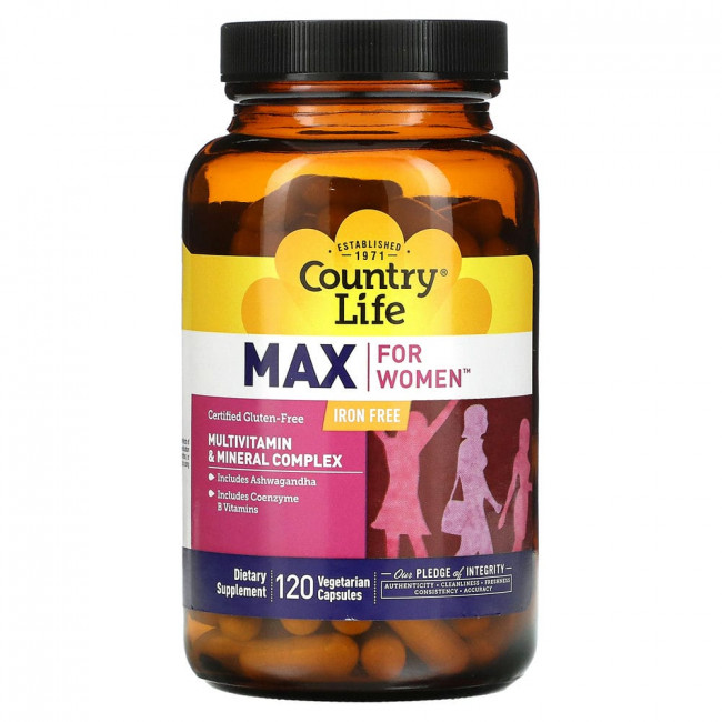 Country Life, Max for Women, Multivitamin & Mineral Complex, Iron Free, 120 Veggie Caps Country Life, Max for Women, Multivitamin & Mineral Complex, Iron Free, 120 Veggie Caps