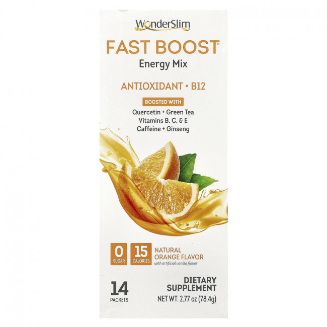 WonderSlim, энергетический напиток Fast Boost Energy Mix, натуральный апельсиновый вкус, 14 пакетиков по 5,6 г каждый (снят с производства)