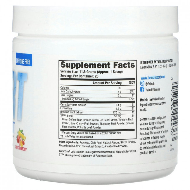 Twinlab, Sport Preworkout, без кофеина, с кислинкой, 287,5 г (10 унций)