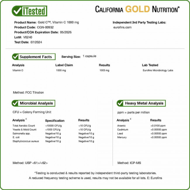 California Gold Nutrition, Gold C, витамин C, 1000 мг, 240 вегетарианских капсул California Gold Nutrition, Gold C, витамин C, 1000 мг, 240 вегетарианских капсул