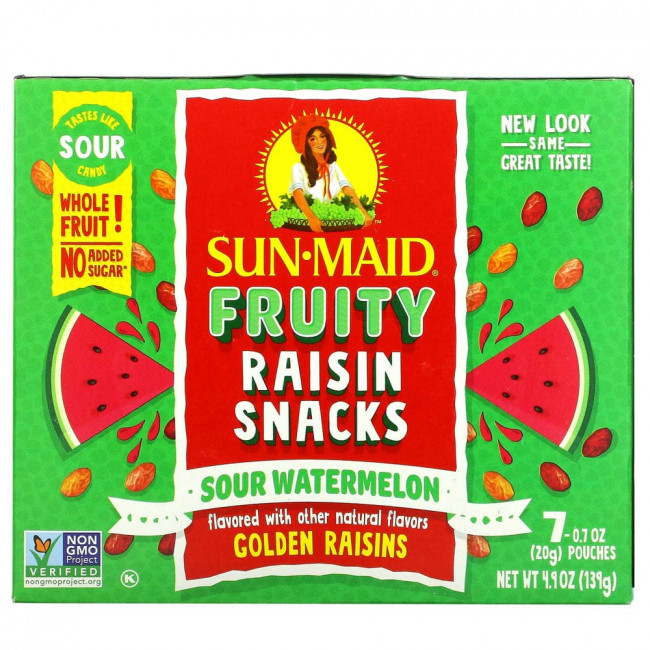Sun-Maid, Fruity Raisin Snacks, кислый арбуз, 7 пакетиков по 20 г (0,7 унции) Sun-Maid, Fruity Raisin Snacks, кислый арбуз, 7 пакетиков по 20 г (0,7 унции)