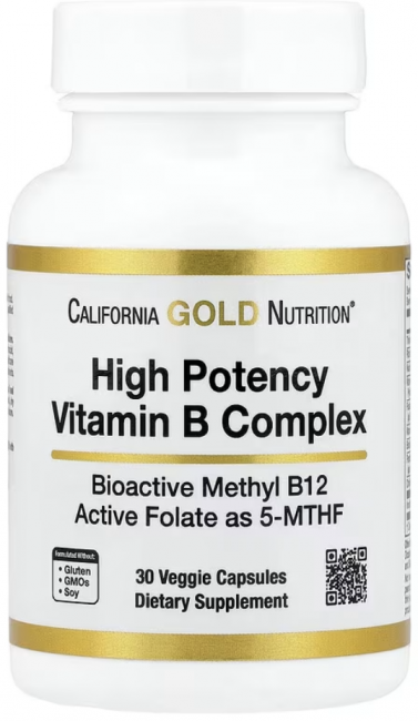 California Gold Nutrition, высокоэффективный комплекс витаминов группы B с метилфолатом и метилом B12, 30 растительных капсул California Gold Nutrition, высокоэффективный комплекс витаминов группы B с метилфолатом и метилом B12, 30 растительных капсул