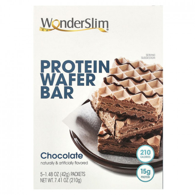 Протеиновый вафельный батончик WonderSlim, шоколадный, 5 упаковок по 42 г каждая (снят с производства)