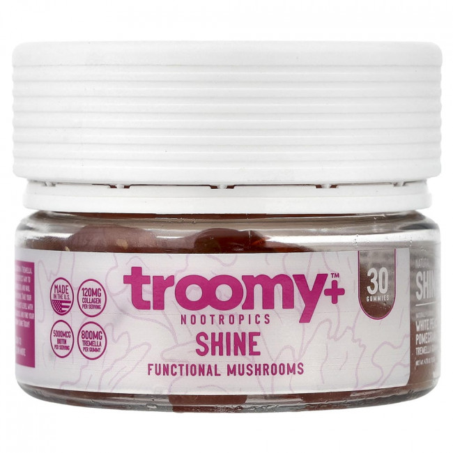 Troomy Nootropics, Shine, функциональные грибные жевательные конфеты, белый персик, гранат, 30 штук