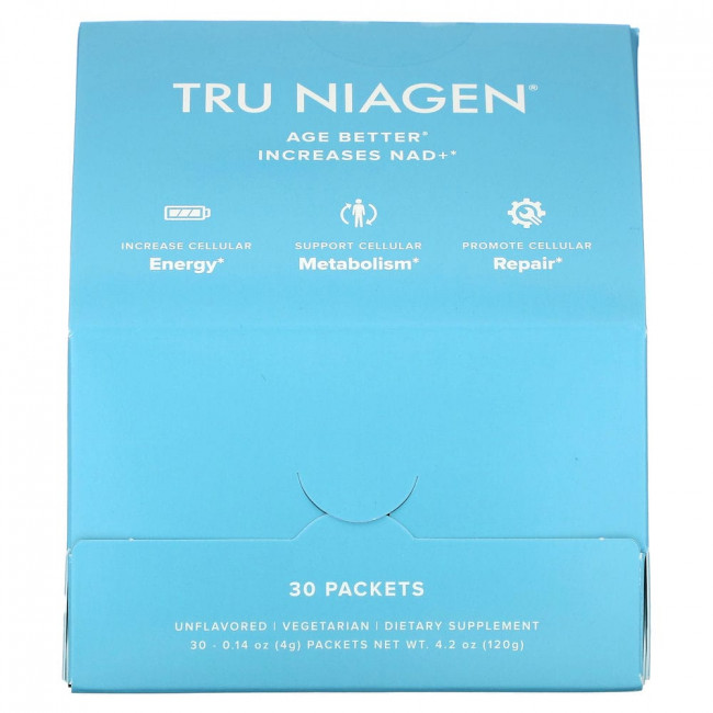 Tru Niagen, Age Better, увеличивает содержание НАД +, без добавок, 30 пакетиков по 4 г (0,14 унции) Tru Niagen, Age Better, увеличивает содержание НАД +, без добавок, 30 пакетиков по 4 г (0,14 унции)