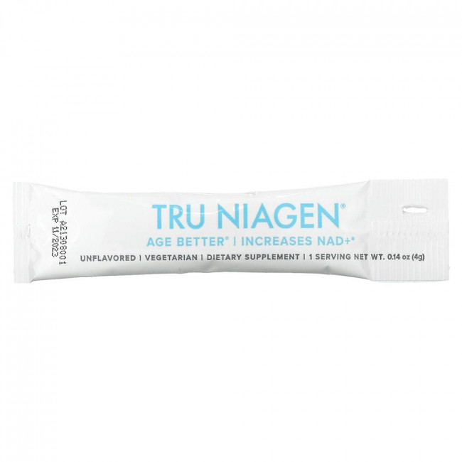 Tru Niagen, Age Better, увеличивает содержание НАД +, без добавок, 30 пакетиков по 4 г (0,14 унции) Tru Niagen, Age Better, увеличивает содержание НАД +, без добавок, 30 пакетиков по 4 г (0,14 унции)
