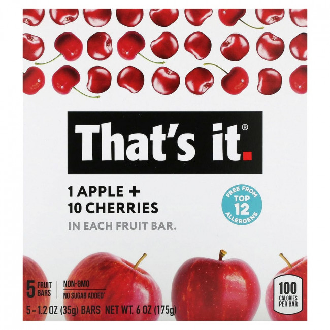 That's It, Fruit Bars, Apple + Cherries, 5 Bars, 1.2 oz (35 g ) Each (Discontinued Item)