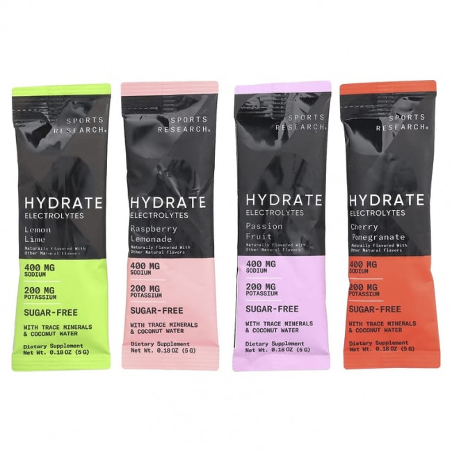 Sports Research, Hydrate Electrolytes, набор с различными добавками, 16 пакетиков по 5 г (0,18 унции) Sports Research, Hydrate Electrolytes, набор с различными добавками, 16 пакетиков по 5 г (0,18 унции)