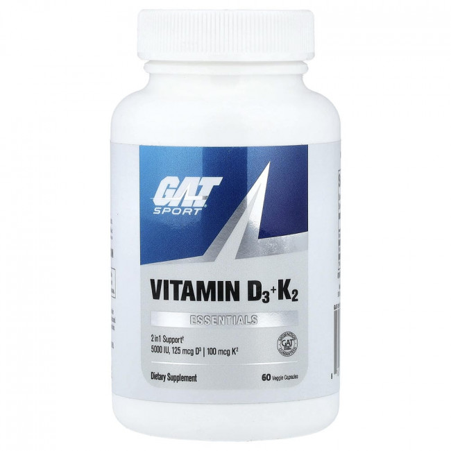 GAT, Спорт, Основные компоненты, Витамины D3 и K2, 60 вегетарианских капсул GAT, Спорт, Основные компоненты, Витамины D3 и K2, 60 вегетарианских капсул